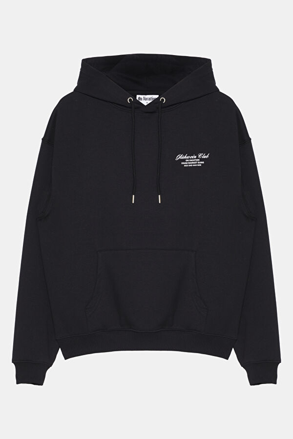 Siyah Relax Kalıp Kapuşonlu Erkek Sweatshirt