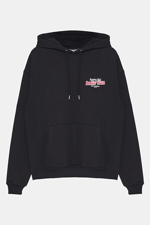 Siyah Relax Kalıp Kapuşonlu Erkek Sweatshirt