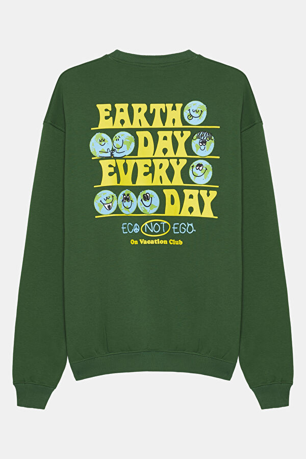 Yeşil Relax Kalıp Bisiklet Yaka Sweatshirt 2