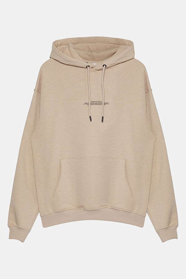 Bej Relax Kalıp Kapuşonlu Erkek Sweatshirt