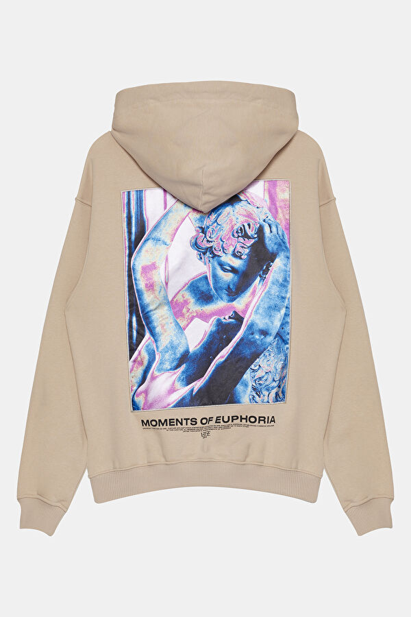 Bej Relax Kalıp Kapuşonlu Erkek Sweatshirt 2