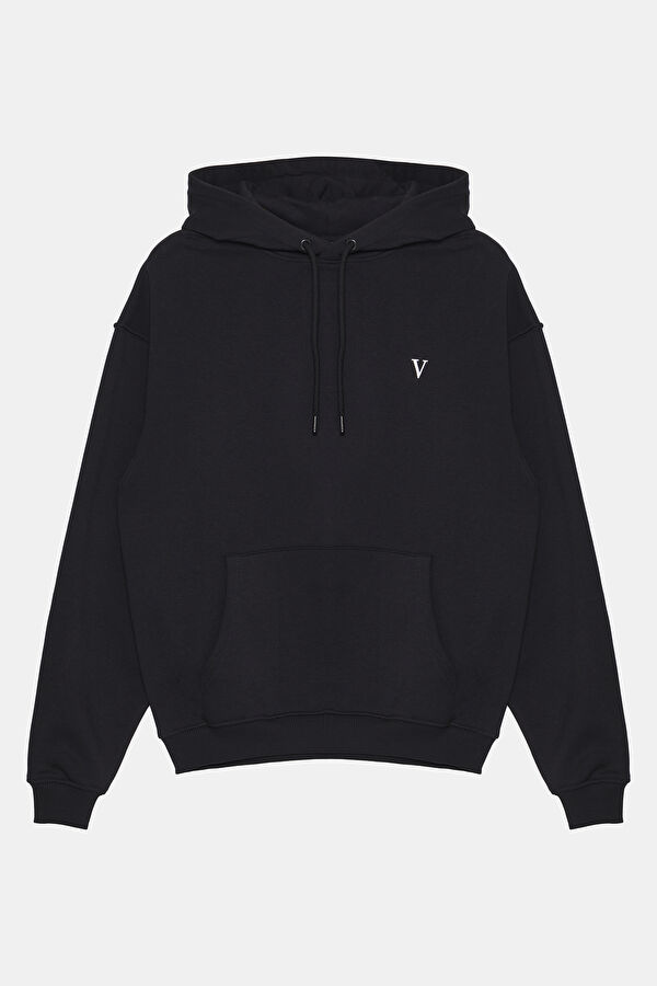 Siyah Relax Kalıp Kapuşonlu Erkek Sweatshirt