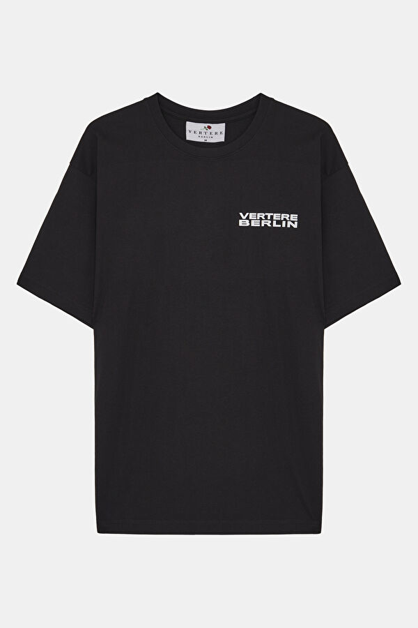 Relax Kalıp Siyah Bisiklet Yaka Baskılı T-Shirt