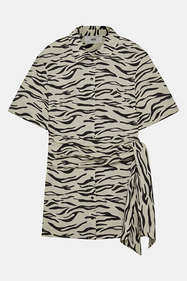 Cream Animal Print Mandarin Collar Linen Women's Shirt 3
