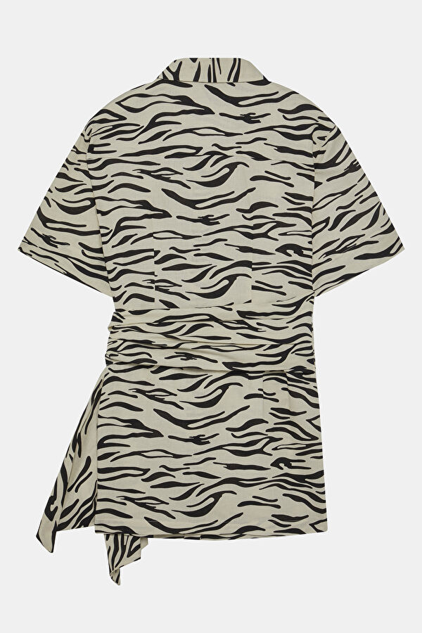 Cream Animal Print Mandarin Collar Linen Women's Shirt 4
