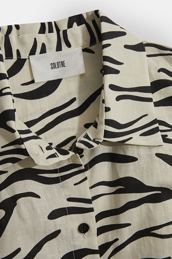 Cream Animal Print Mandarin Collar Linen Women's Shirt 5