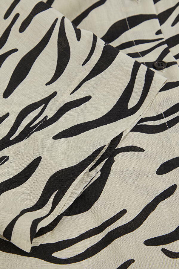 Cream Animal Print Mandarin Collar Linen Women's Shirt 6