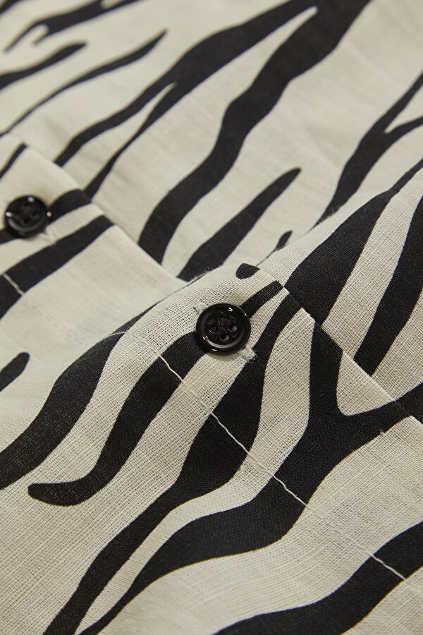Cream Animal Print Mandarin Collar Linen Women's Shirt 7