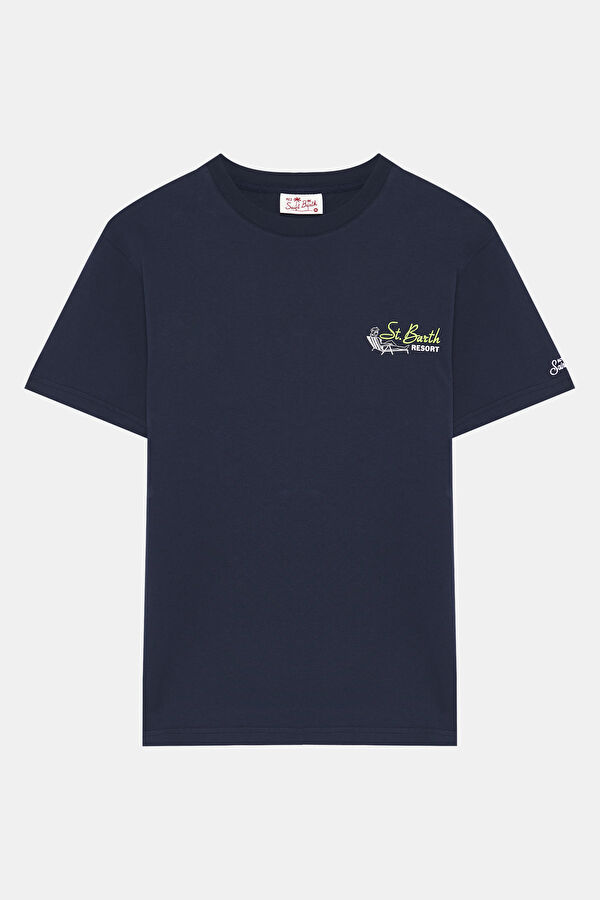 Lacivert Bisiklet Yaka Baskılı T-Shirt