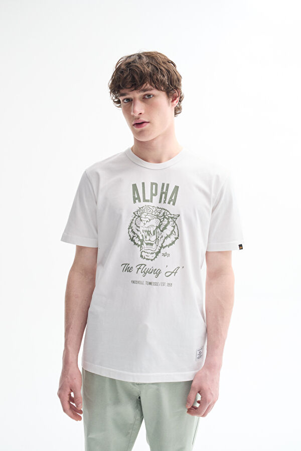 Beyaz Bisiklet Yaka Baskılı T-Shirt