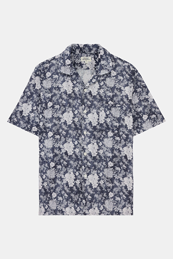 Blue Patterned Retro Linen Viscose Men's Shirt