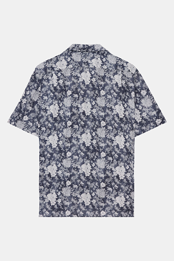 Blue Patterned Retro Linen Viscose Men's Shirt 2