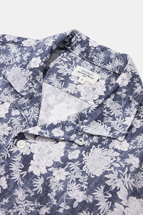 Blue Patterned Retro Linen Viscose Men's Shirt 3