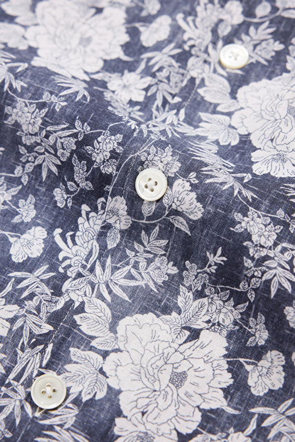 Blue Patterned Retro Linen Viscose Men's Shirt 4