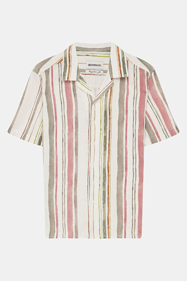 Multicolored Linen Patterned Resort Collar Men's Shirt 3