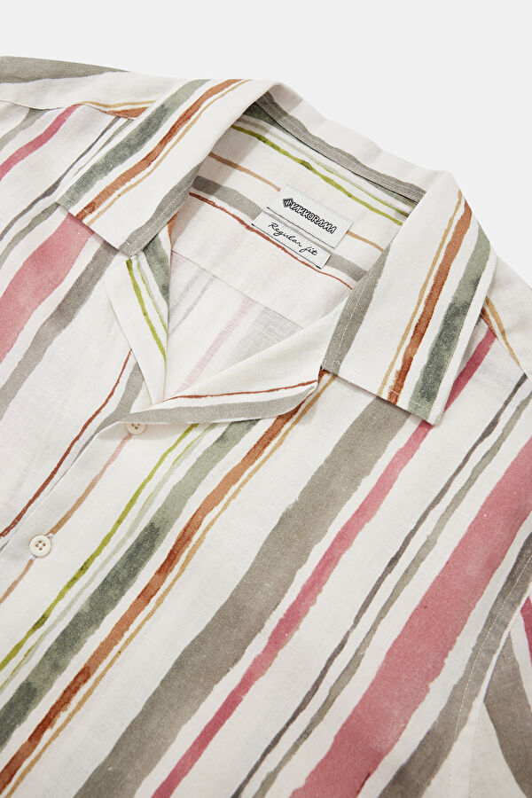 Multicolored Linen Patterned Resort Collar Men's Shirt 5