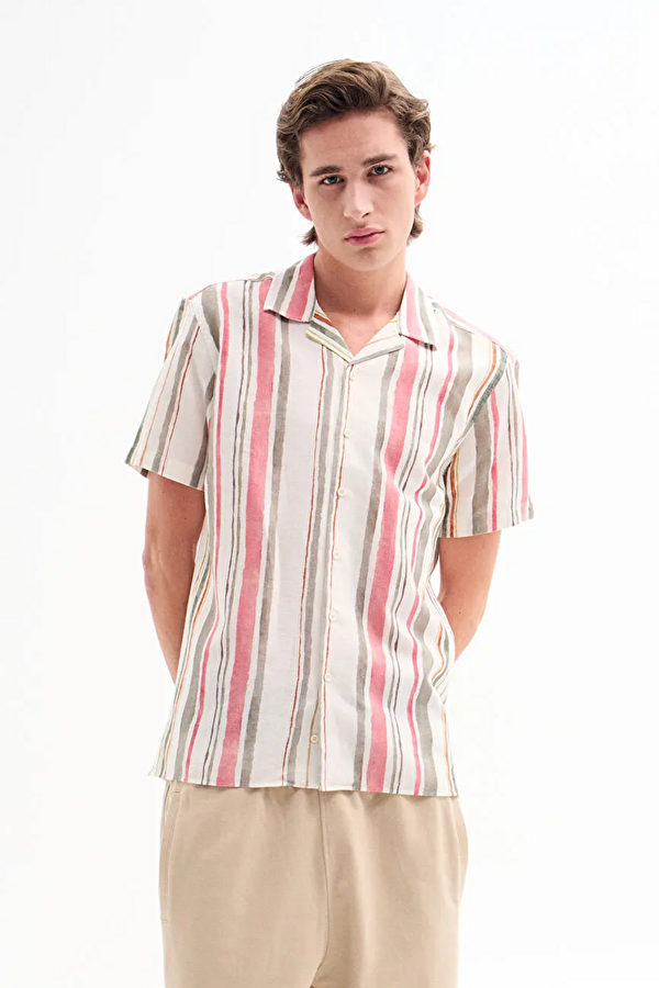 Multicolored Linen Patterned Resort Collar Men's Shirt