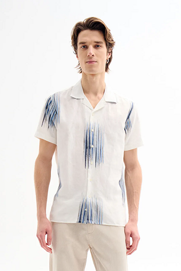 Multicolored Linen Patterned Resort Collar Men's Shirt