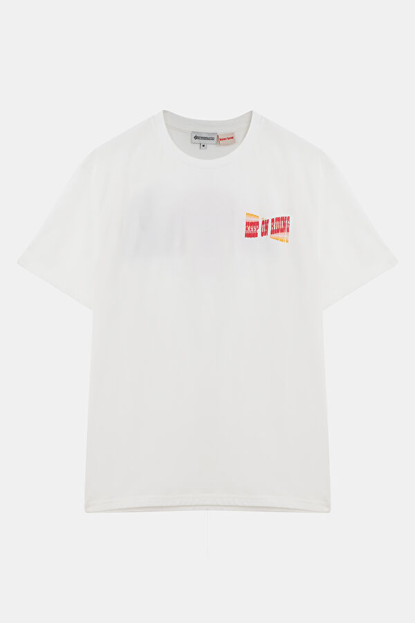 Ekru Bisiklet Yaka Baskılı T-Shirt