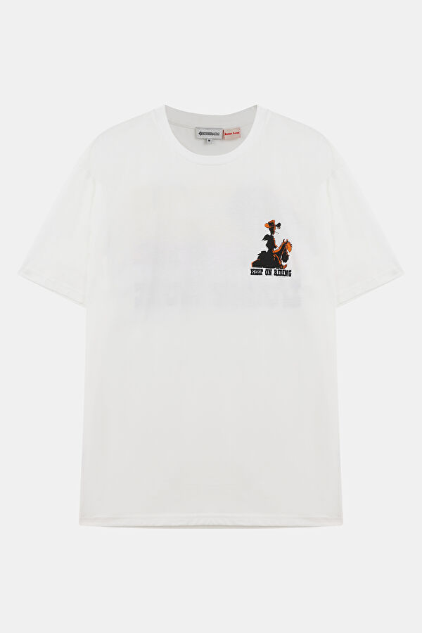 Ekru Bisiklet Yaka Baskılı T-Shirt