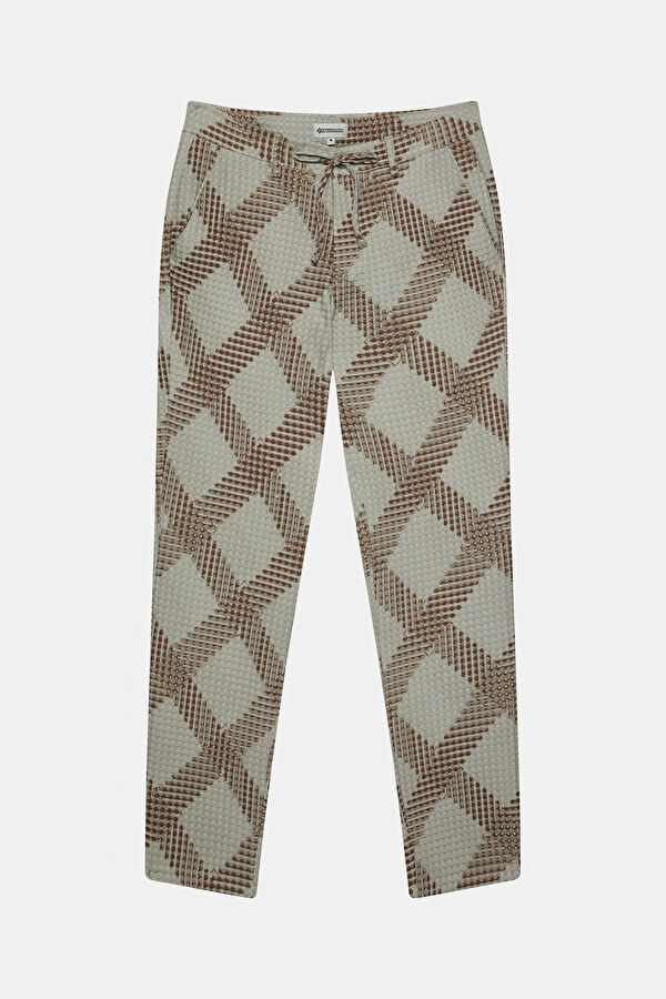 Coffee-colored, straight-leg men's trousers.