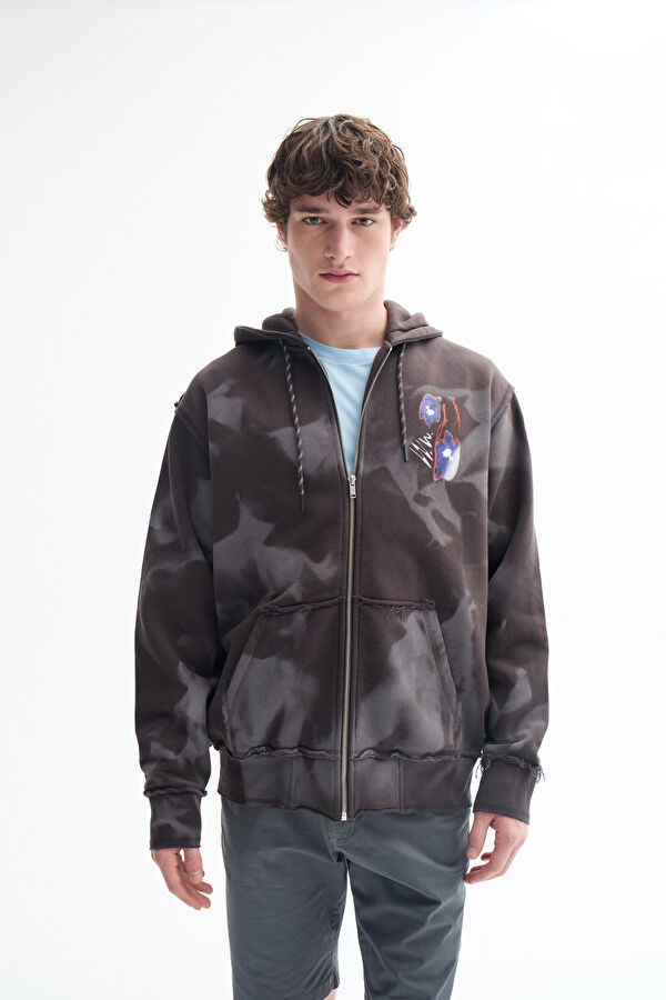 Koyu Kahve Relax Kalıp Kapuşonlu Erkek Sweatshirt