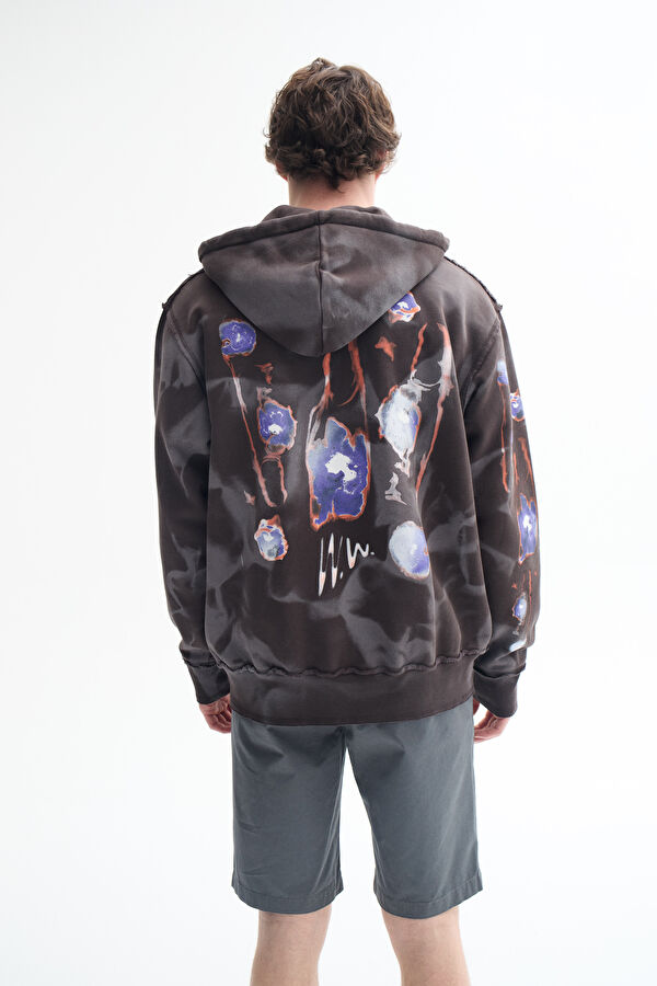 Koyu Kahve Relax Kalıp Kapuşonlu Erkek Sweatshirt 3