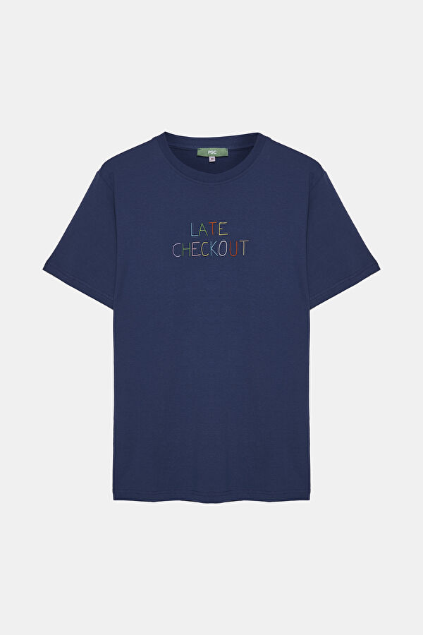 Lacivert Bisiklet Yaka Desenli Erkek T-Shirt