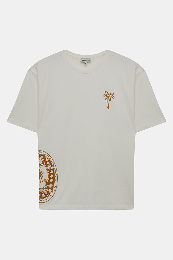 Ekru Bisiklet Yaka Desenli T-Shirt 3