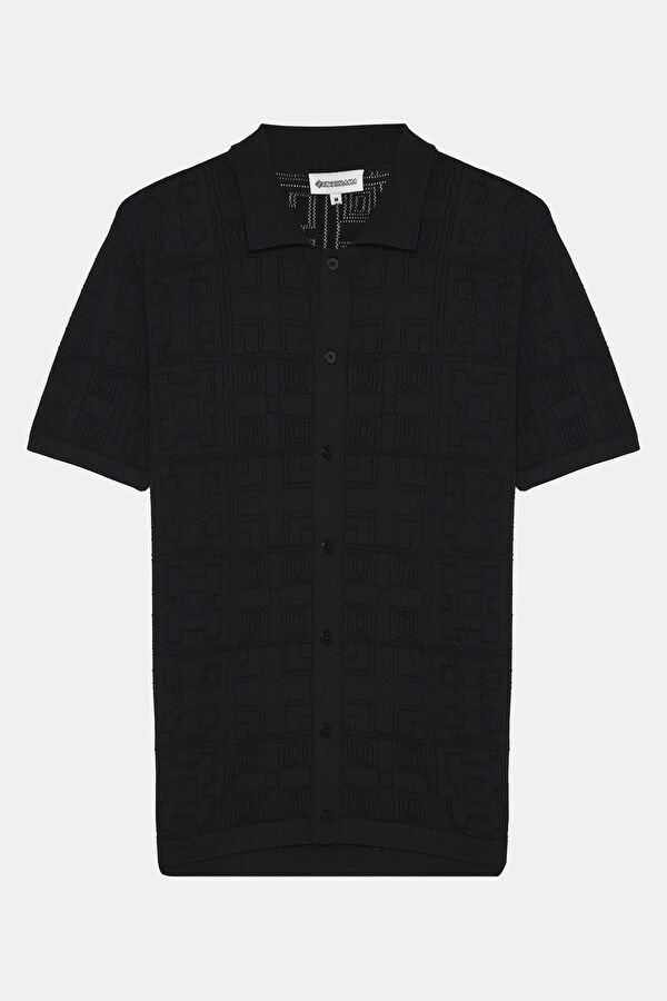 Siyah Polo Yaka Örgü Desenli T-Shirt