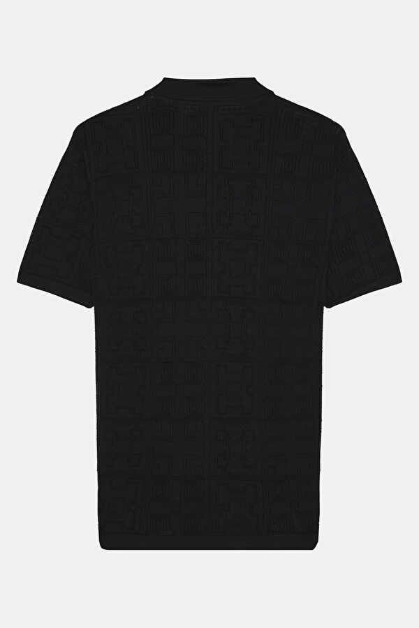 Siyah Polo Yaka Örgü Desenli T-Shirt 2