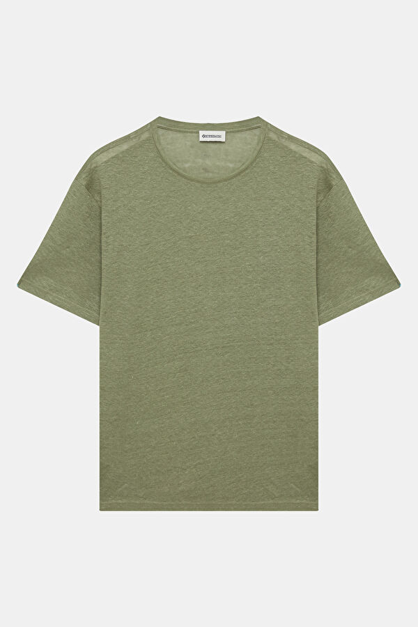 Green Crew Neck Printed Linen Men's T-Shirt
