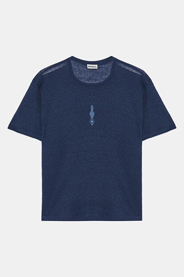 Navy Crew Neck Printed Linen Men's T-Shirt