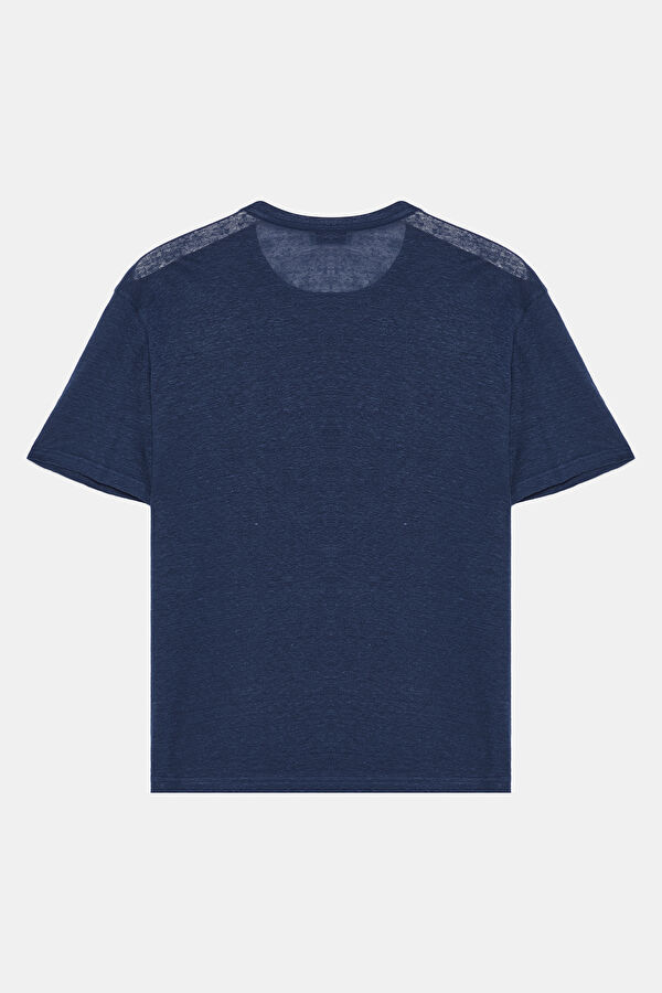 Navy Crew Neck Printed Linen Men's T-Shirt 2