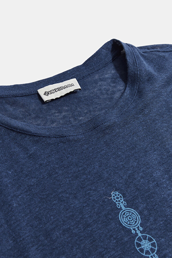 Navy Crew Neck Printed Linen Men's T-Shirt 3