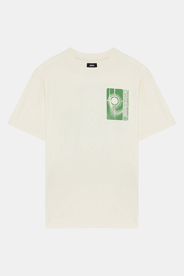 Relax Kalıp Krem Bisiklet Yaka Baskılı T-Shirt 3