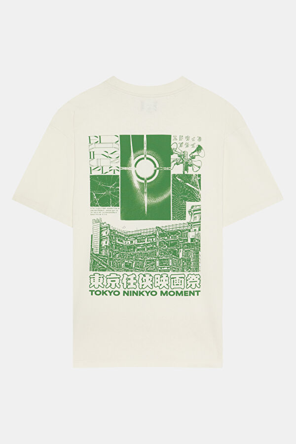 Relax Kalıp Krem Bisiklet Yaka Baskılı T-Shirt 4