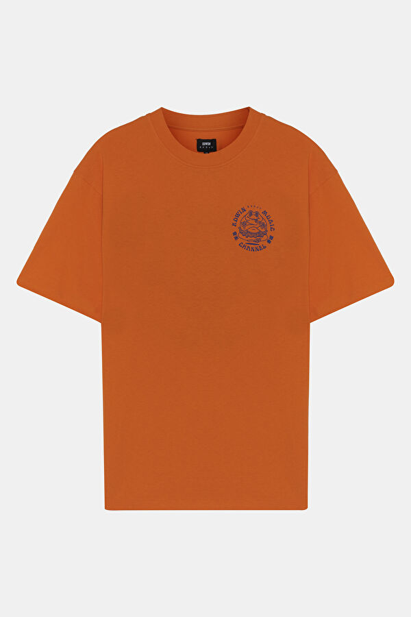 Relax Kalıp Turuncu Bisiklet Yaka Baskılı Erkek T-Shirt 3