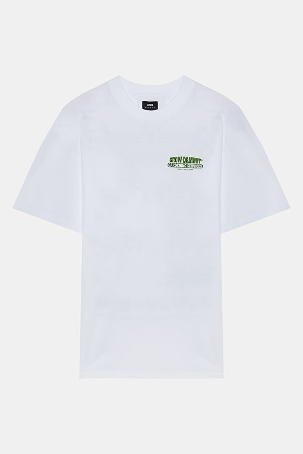 Relax Kalıp Beyaz Bisiklet Yaka Baskılı T-Shirt