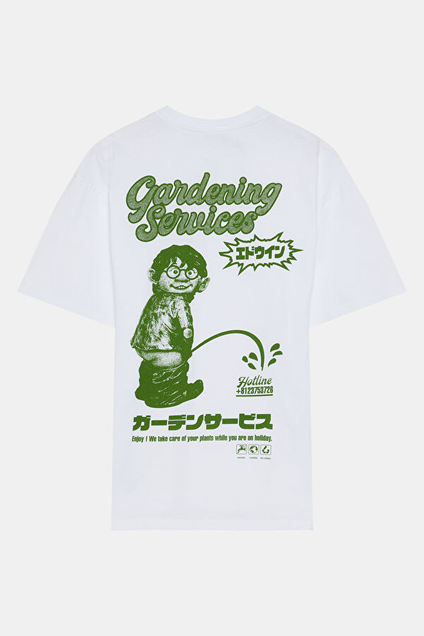 Relax Kalıp Beyaz Bisiklet Yaka Baskılı T-Shirt 2