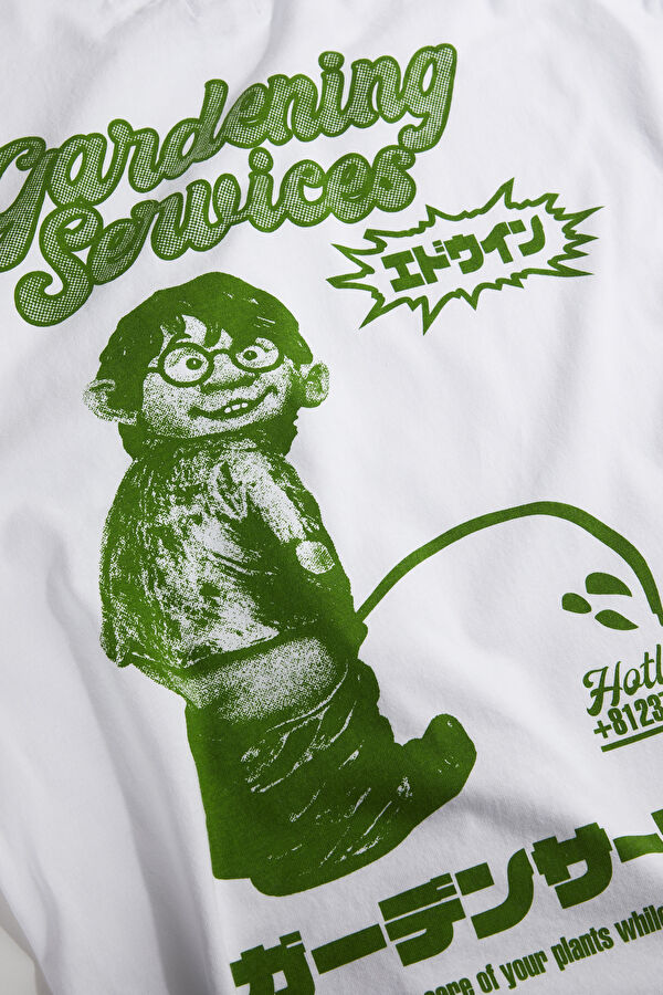 Relax Kalıp Beyaz Bisiklet Yaka Baskılı T-Shirt 5