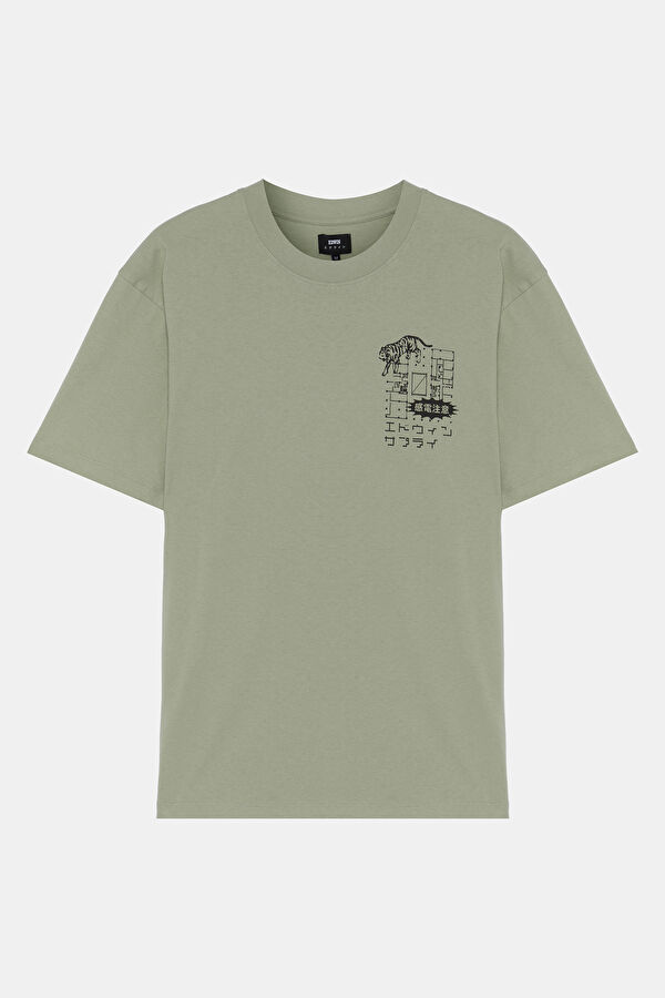 Relax Kalıp Açık Yeşil Bisiklet Yaka Baskılı Erkek T-Shirt
