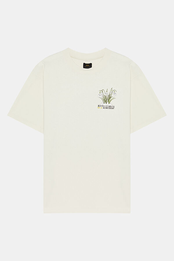Relax Kalıp Krem Bisiklet Yaka Baskılı Erkek T-Shirt