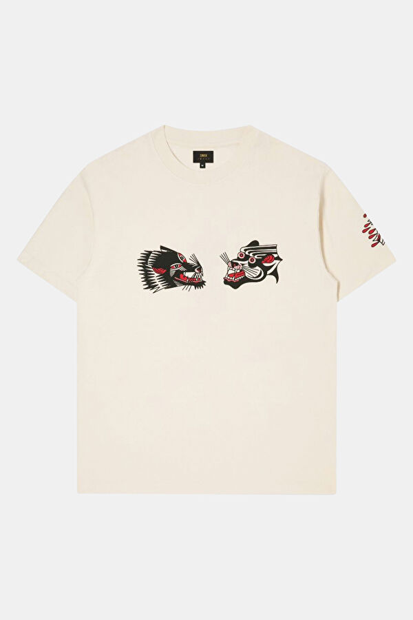 Relax Kalıp Krem Bisiklet Yaka Baskılı T-Shirt