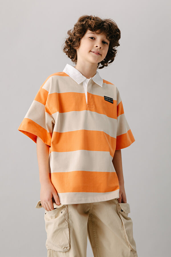 Orange Polo Collar Striped Kids T-Shirt