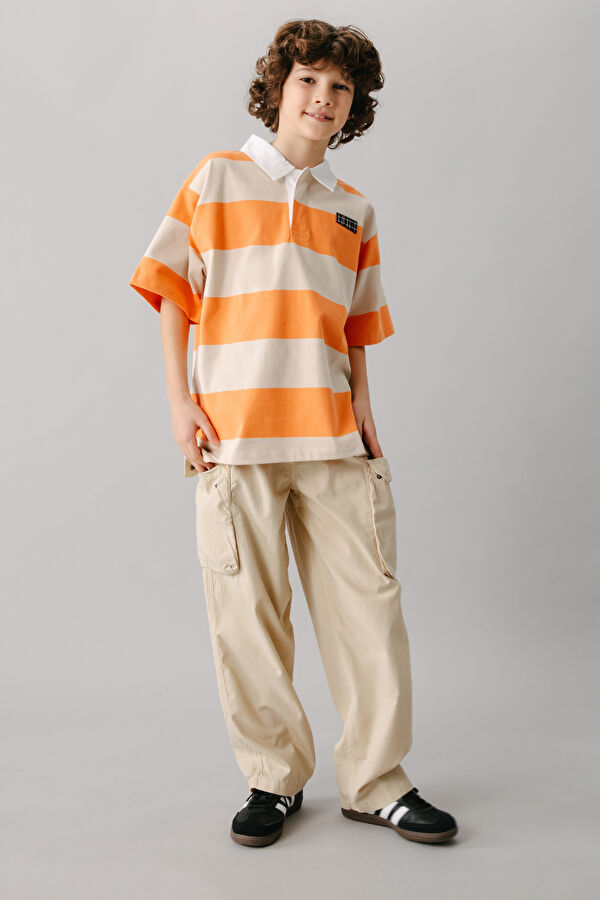Orange Polo Collar Striped Kids T-Shirt 2