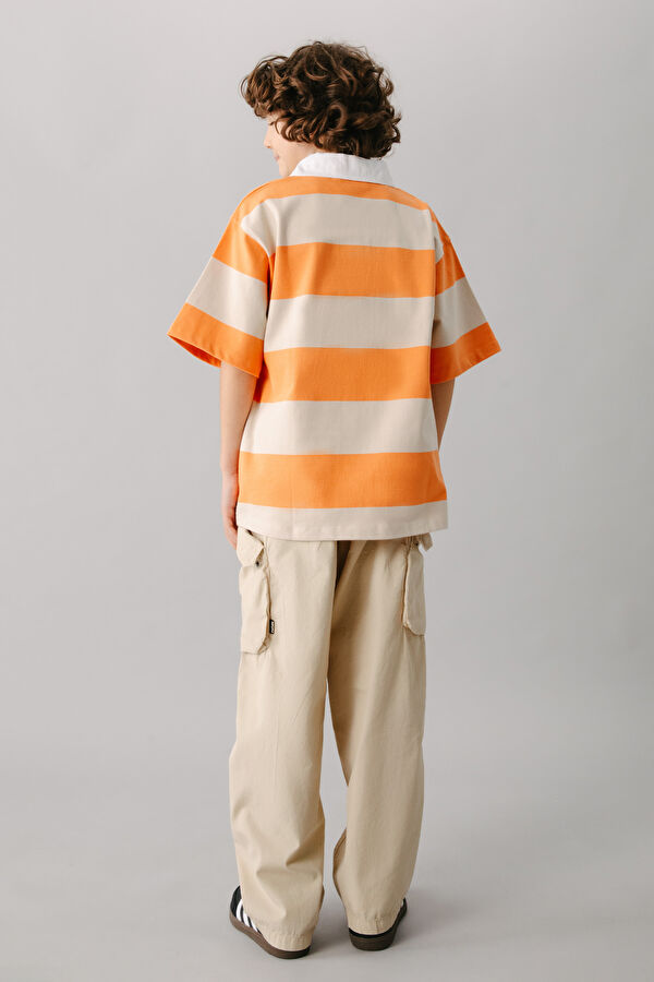 Orange Polo Collar Striped Kids T-Shirt 3