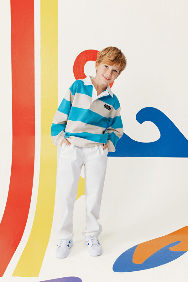 Turquoise Polo Collar Striped Kids T-Shirt