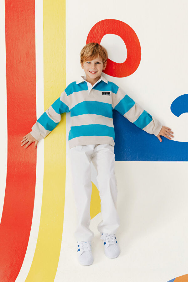 Turquoise Polo Collar Striped Kids T-Shirt 2