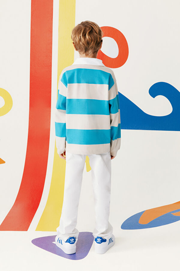Turquoise Polo Collar Striped Kids T-Shirt 3